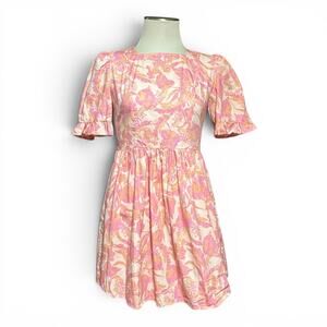 Habit Cotton Short Sleeve Dress Pink Peach Floral Medium
